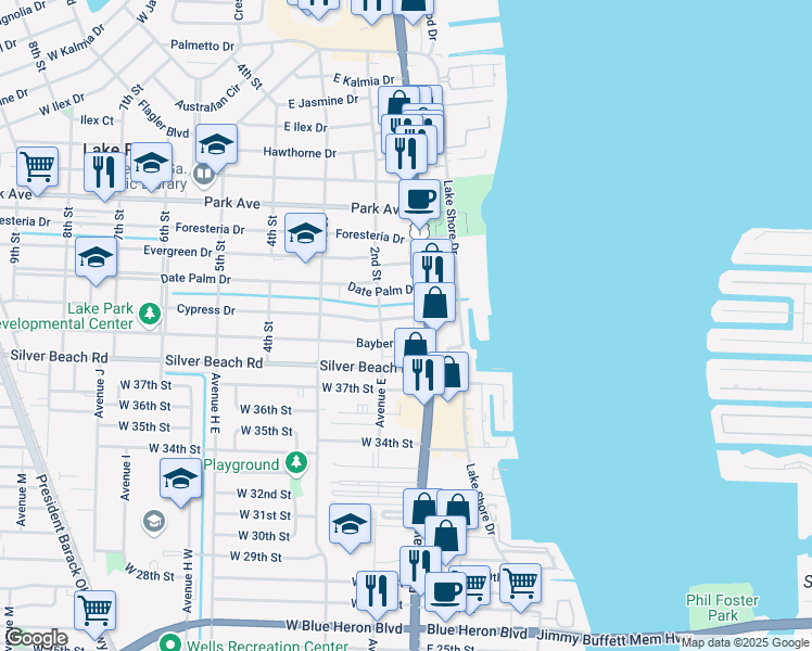 map of restaurants, bars, coffee shops, grocery stores, and more near 133 Cypress Drive in Lake Park
