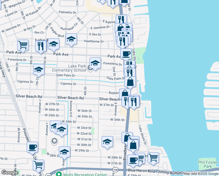 map of restaurants, bars, coffee shops, grocery stores, and more near 222 Cypress Drive in West Palm Beach
