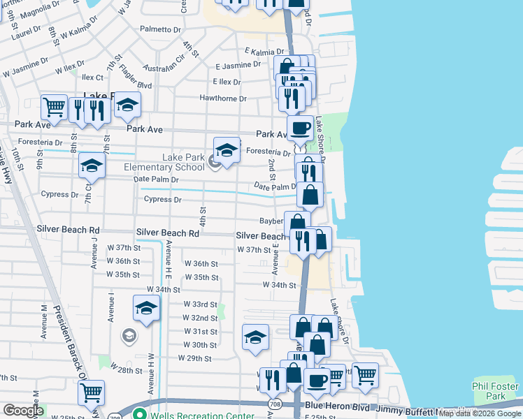 map of restaurants, bars, coffee shops, grocery stores, and more near 222 Cypress Drive in West Palm Beach