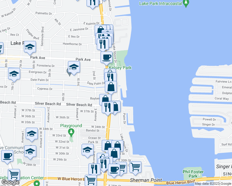 map of restaurants, bars, coffee shops, grocery stores, and more near 220 Lake Shore Drive in Lake Park