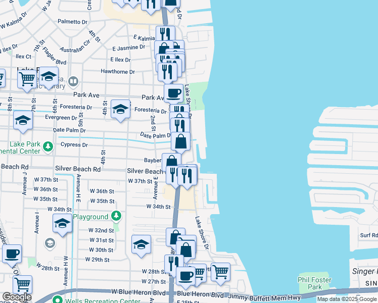 map of restaurants, bars, coffee shops, grocery stores, and more near 302 Lake Shore Drive in West Palm Beach