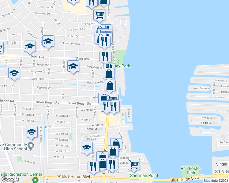 map of restaurants, bars, coffee shops, grocery stores, and more near 302 Lake Shore Drive in West Palm Beach
