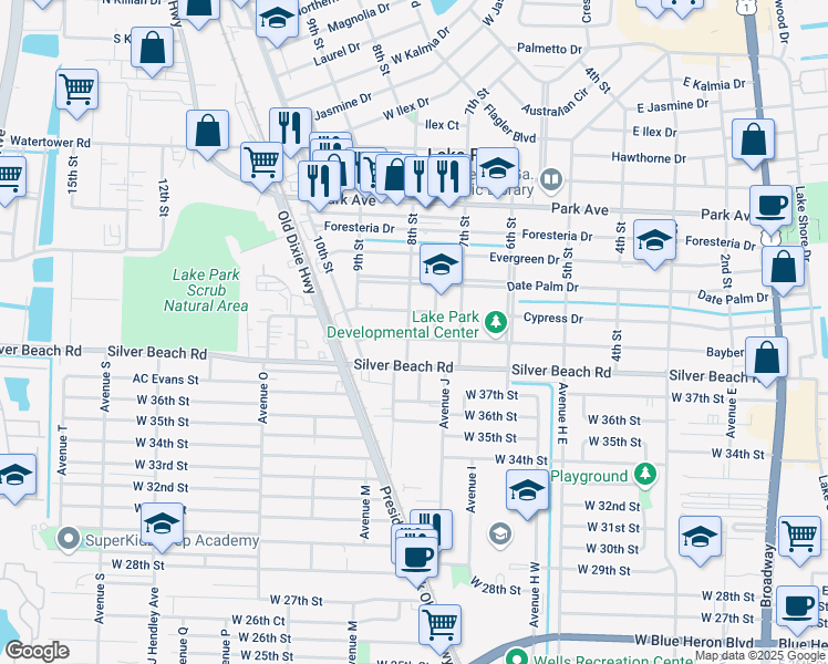 map of restaurants, bars, coffee shops, grocery stores, and more near 219 8th Street in Lake Park