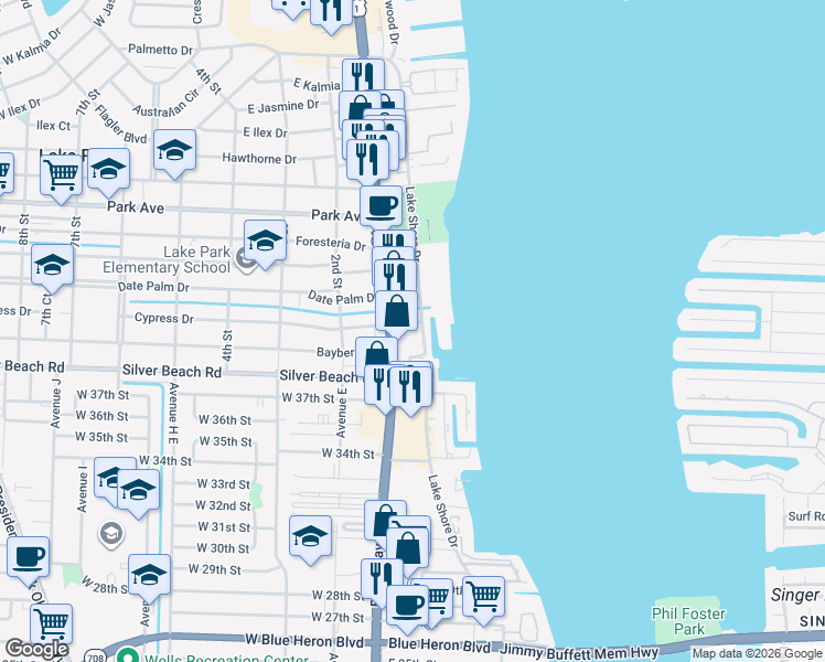 map of restaurants, bars, coffee shops, grocery stores, and more near 220 Lake Shore Drive in Lake Park