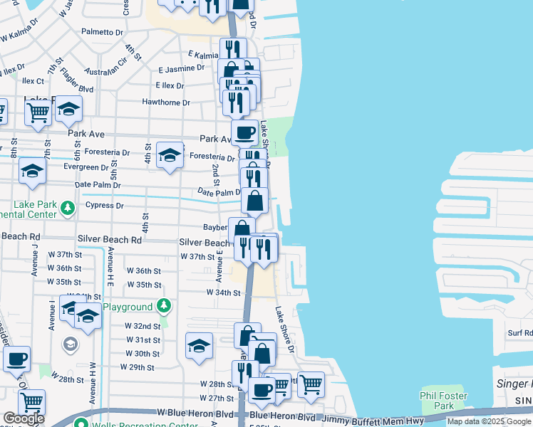 map of restaurants, bars, coffee shops, grocery stores, and more near 220 Lake Shore Drive in Lake Park
