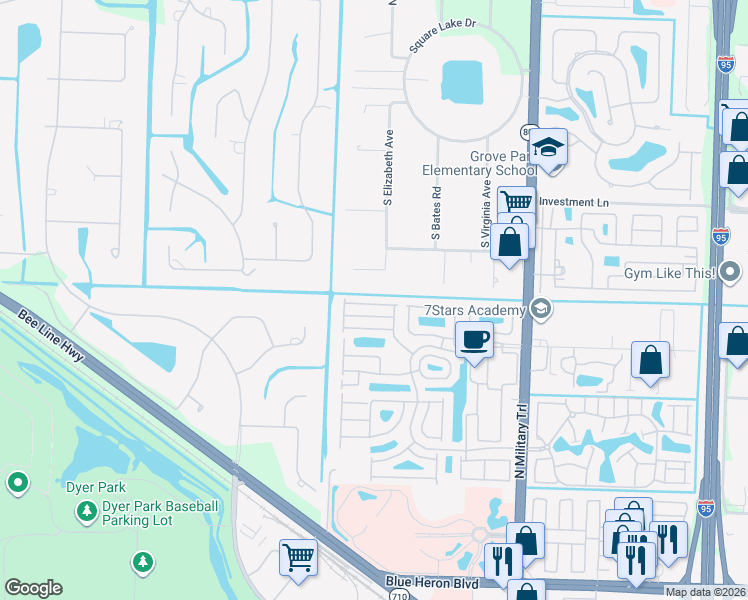 map of restaurants, bars, coffee shops, grocery stores, and more near 3035 Casa Rio Court in Riviera Beach