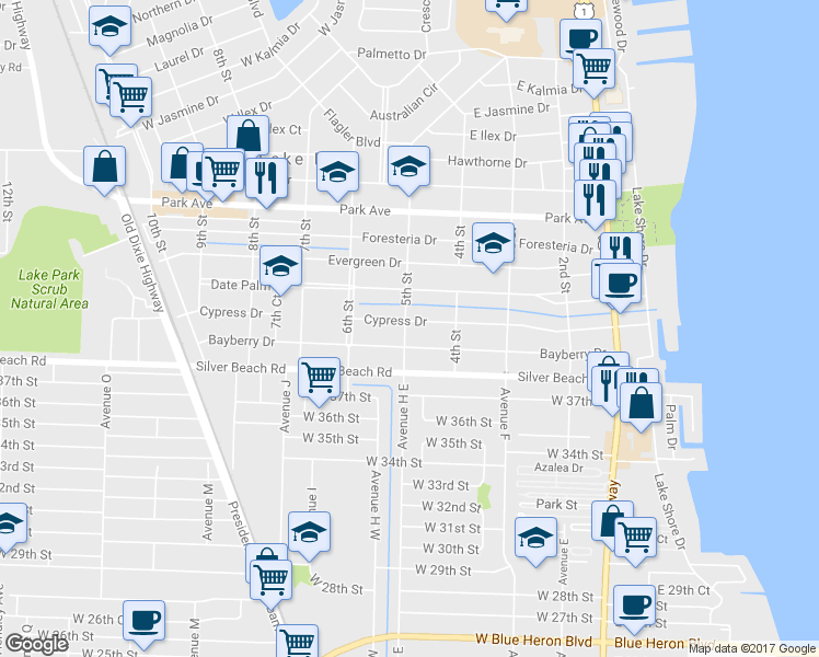 map of restaurants, bars, coffee shops, grocery stores, and more near 454 Cypress Drive in West Palm Beach