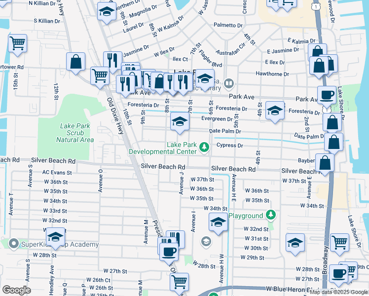 map of restaurants, bars, coffee shops, grocery stores, and more near 218 7th Street in Lake Park