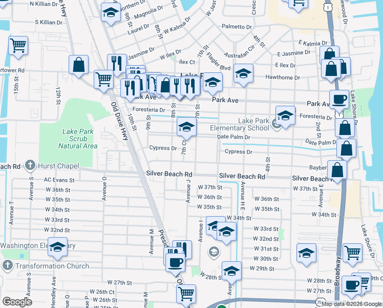 map of restaurants, bars, coffee shops, grocery stores, and more near 218 7th Street in Lake Park