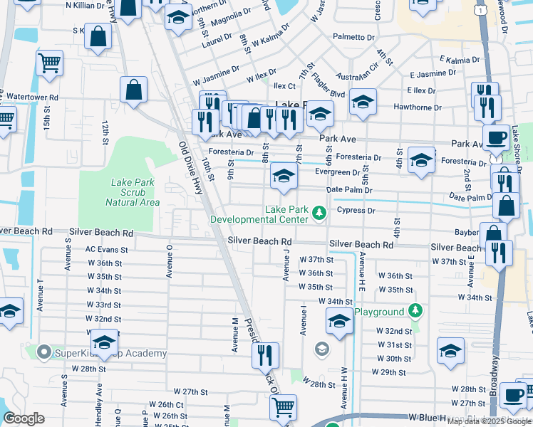 map of restaurants, bars, coffee shops, grocery stores, and more near 219 8th Street in Lake Park
