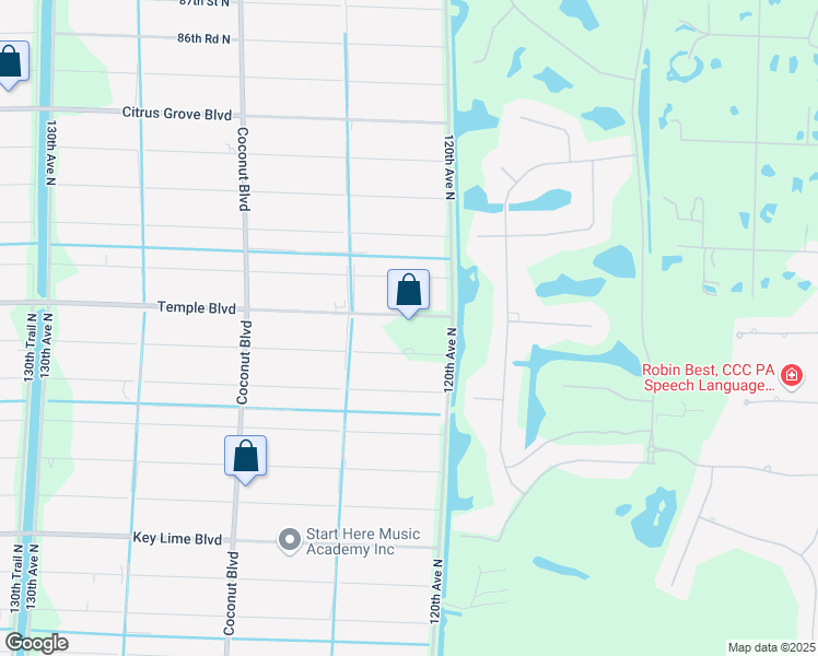 map of restaurants, bars, coffee shops, grocery stores, and more near 12124 Temple Boulevard in West Palm Beach