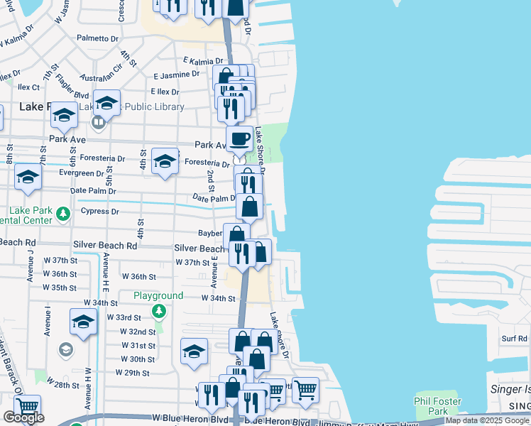 map of restaurants, bars, coffee shops, grocery stores, and more near 302 Lake Shore Drive in Lake Park