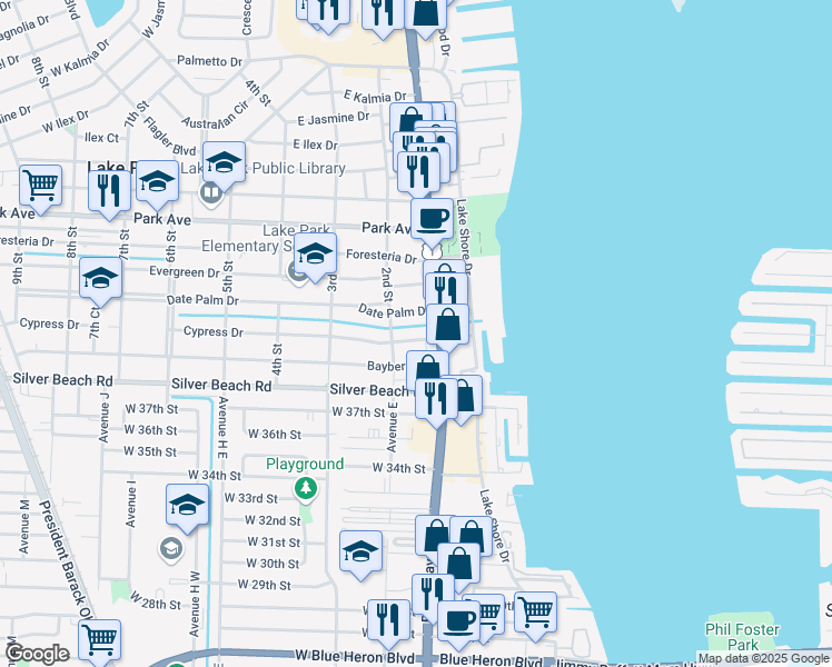 map of restaurants, bars, coffee shops, grocery stores, and more near 133 Cypress Drive in Lake Park