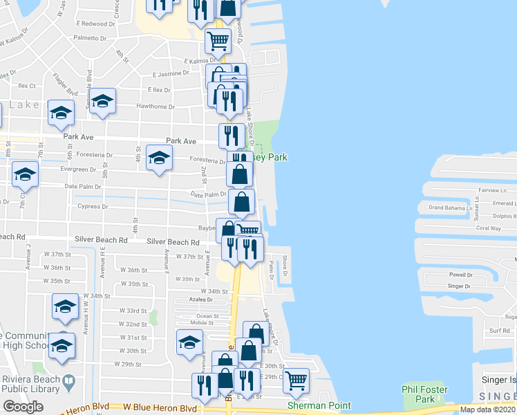 map of restaurants, bars, coffee shops, grocery stores, and more near 302 Lake Shore Drive in West Palm Beach