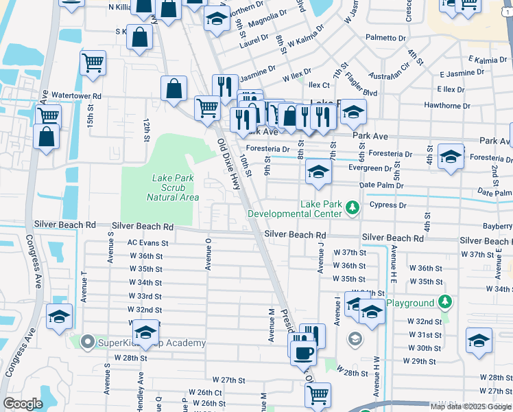 map of restaurants, bars, coffee shops, grocery stores, and more near 226 10th Street in Lake Park