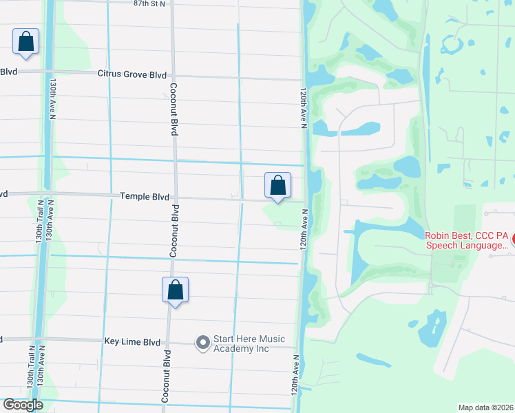 map of restaurants, bars, coffee shops, grocery stores, and more near 12206 Temple Boulevard in West Palm Beach