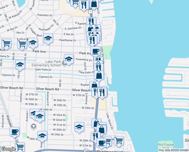 map of restaurants, bars, coffee shops, grocery stores, and more near 133 Cypress Drive in Lake Park