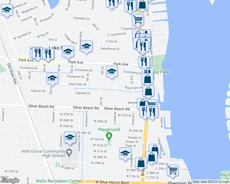 map of restaurants, bars, coffee shops, grocery stores, and more near 248 Cypress Drive in West Palm Beach