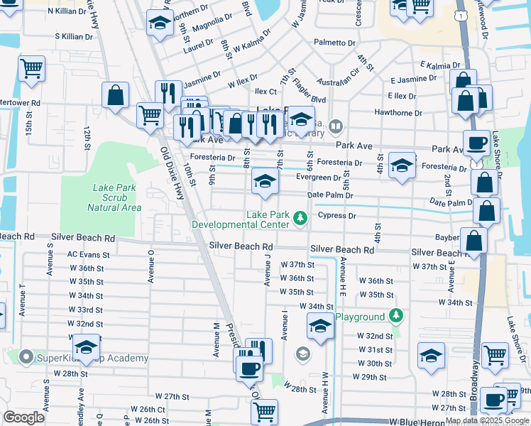 map of restaurants, bars, coffee shops, grocery stores, and more near 218 7th Street in Lake Park