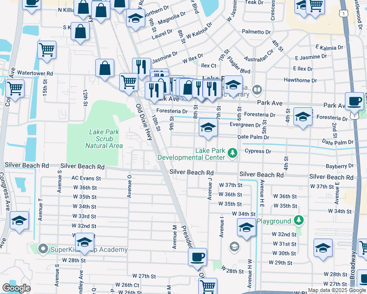map of restaurants, bars, coffee shops, grocery stores, and more near 838 Cypress Drive in West Palm Beach