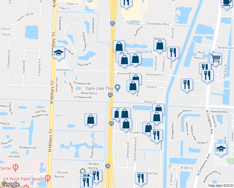 map of restaurants, bars, coffee shops, grocery stores, and more near 3900 Fiscal Court in West Palm Beach