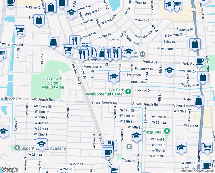 map of restaurants, bars, coffee shops, grocery stores, and more near 219 8th Street in Lake Park