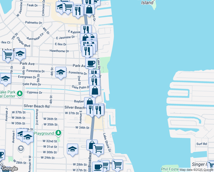 map of restaurants, bars, coffee shops, grocery stores, and more near 301 Lake Shore Drive in Lake Park