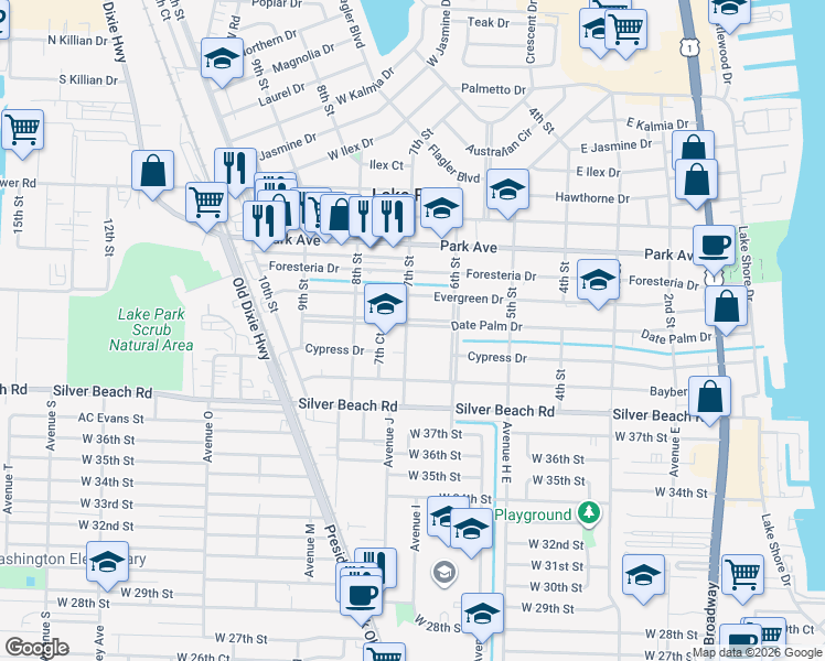 map of restaurants, bars, coffee shops, grocery stores, and more near 644 Date Palm Drive in West Palm Beach