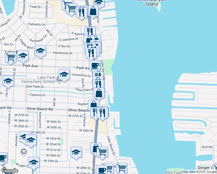 map of restaurants, bars, coffee shops, grocery stores, and more near 301 Lake Shore Drive in Lake Park