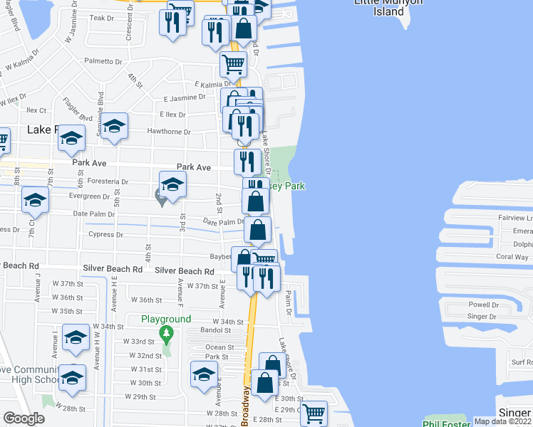 map of restaurants, bars, coffee shops, grocery stores, and more near 414 Lake Shore Drive in West Palm Beach