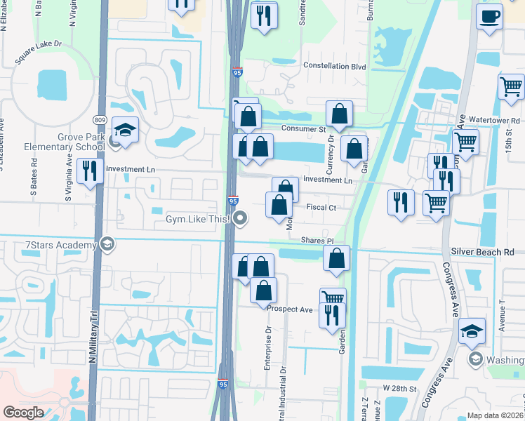 map of restaurants, bars, coffee shops, grocery stores, and more near 3900 Fiscal Court in West Palm Beach