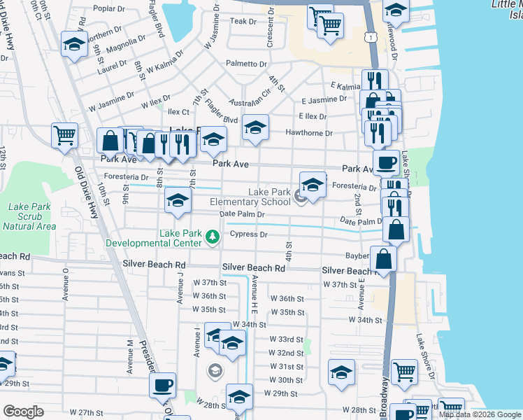 map of restaurants, bars, coffee shops, grocery stores, and more near 455 Date Palm Drive in West Palm Beach