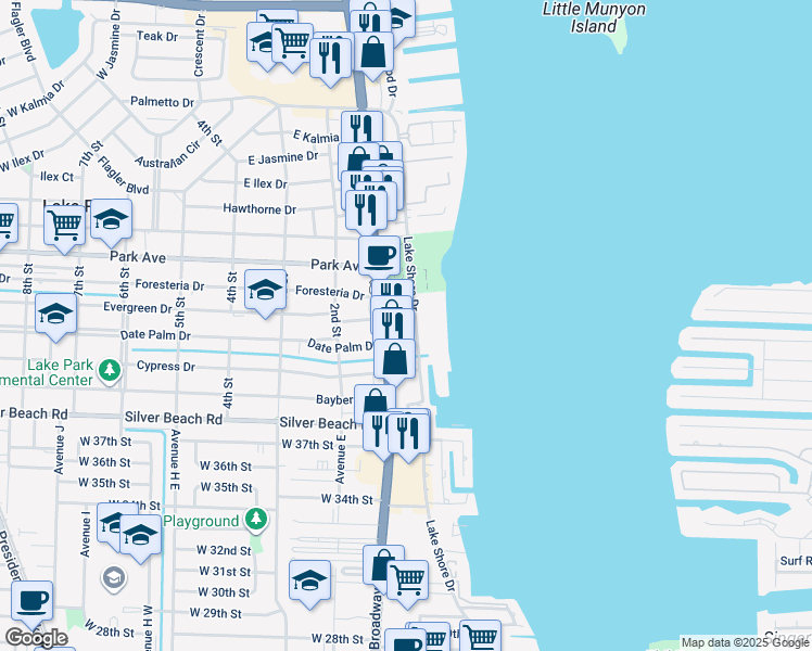 map of restaurants, bars, coffee shops, grocery stores, and more near 414 Lake Shore Drive in West Palm Beach
