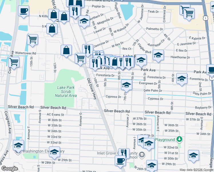 map of restaurants, bars, coffee shops, grocery stores, and more near 844 Date Palm Drive in West Palm Beach