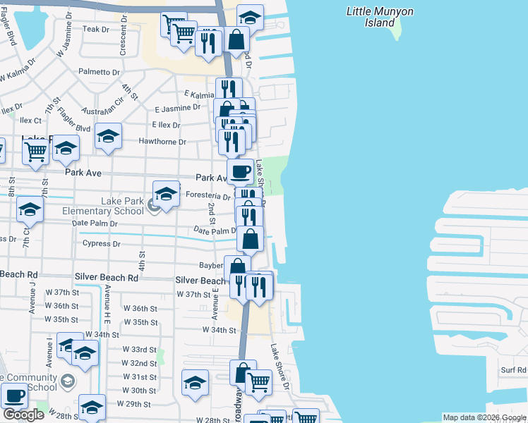 map of restaurants, bars, coffee shops, grocery stores, and more near 414 Lake Shore Drive in West Palm Beach