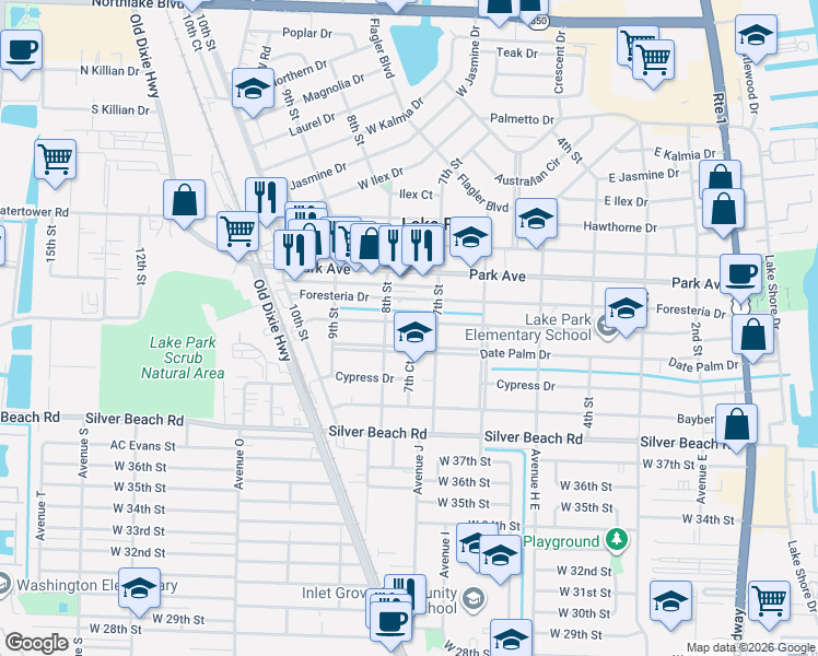 map of restaurants, bars, coffee shops, grocery stores, and more near 732 Evergreen Drive in Lake Park