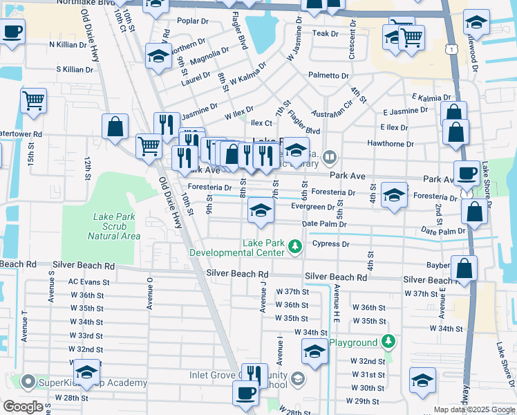 map of restaurants, bars, coffee shops, grocery stores, and more near 732 Evergreen Drive in Lake Park