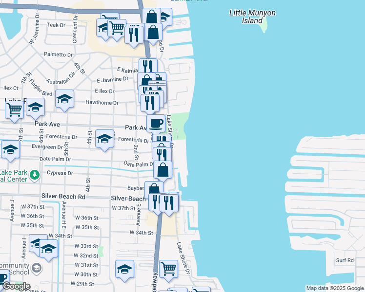map of restaurants, bars, coffee shops, grocery stores, and more near 501 Lake Shore Drive in West Palm Beach
