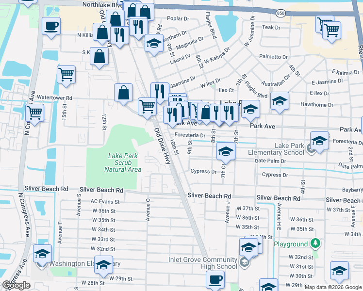 map of restaurants, bars, coffee shops, grocery stores, and more near 926 Evergreen Drive in Lake Park