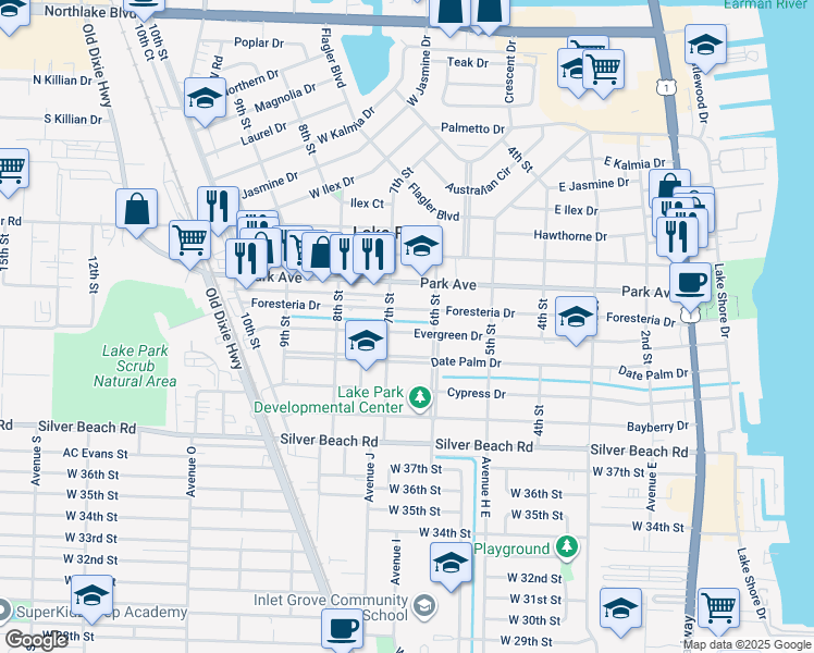 map of restaurants, bars, coffee shops, grocery stores, and more near 622 Foresteria Drive in West Palm Beach