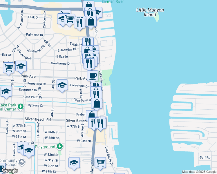 map of restaurants, bars, coffee shops, grocery stores, and more near 501 Lake Shore Drive in West Palm Beach