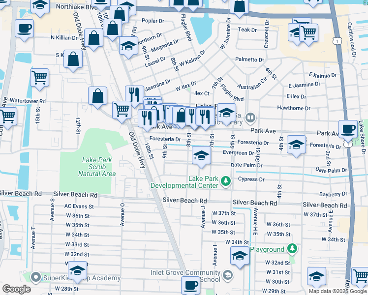 map of restaurants, bars, coffee shops, grocery stores, and more near 515 8th Street in Lake Park