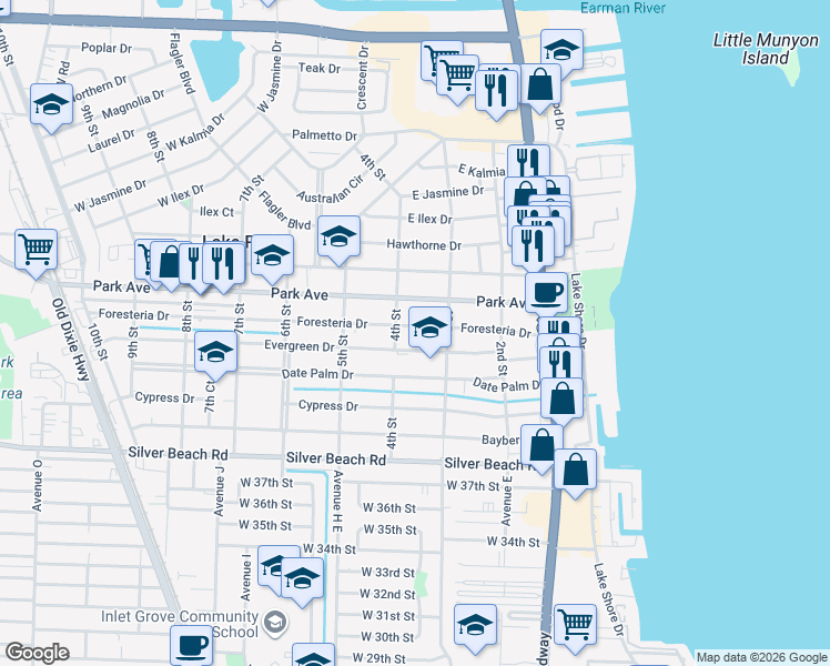 map of restaurants, bars, coffee shops, grocery stores, and more near 326 Foresteria Drive in West Palm Beach