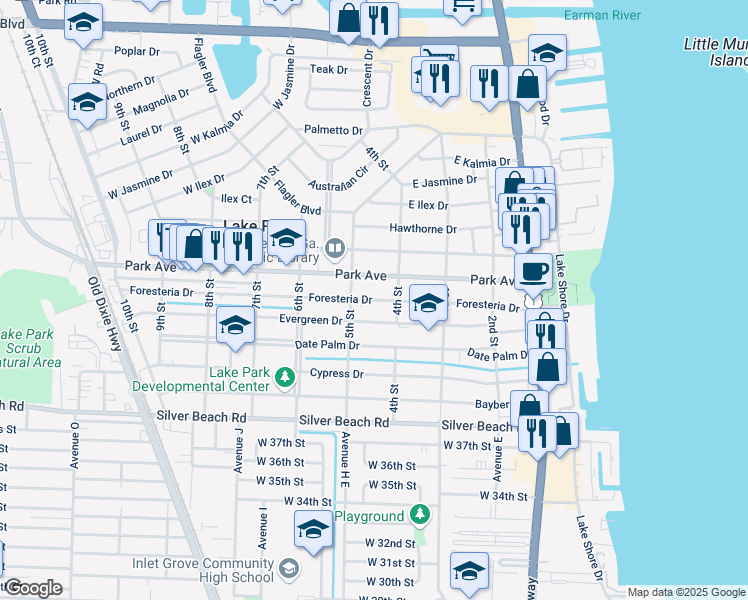 map of restaurants, bars, coffee shops, grocery stores, and more near 415 Foresteria Drive in West Palm Beach