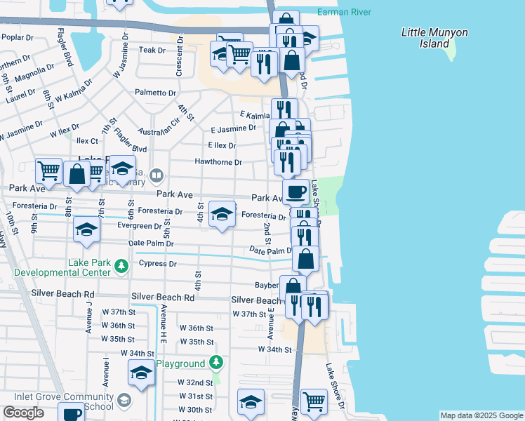 map of restaurants, bars, coffee shops, grocery stores, and more near 201 Foresteria Drive in West Palm Beach