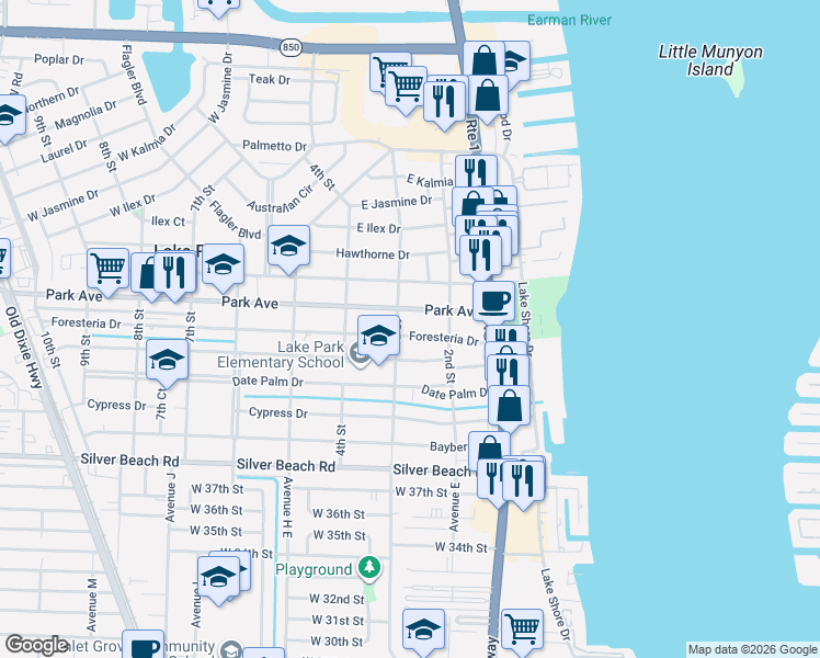 map of restaurants, bars, coffee shops, grocery stores, and more near 245 Foresteria Drive in West Palm Beach