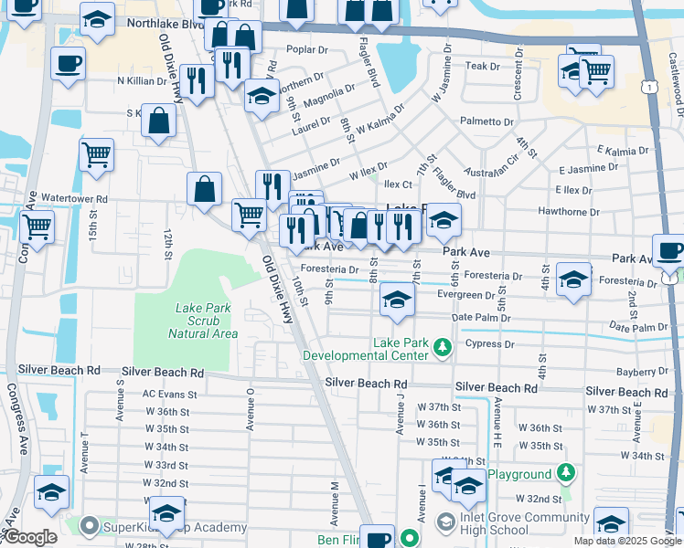 map of restaurants, bars, coffee shops, grocery stores, and more near 846 Foresteria Drive in West Palm Beach