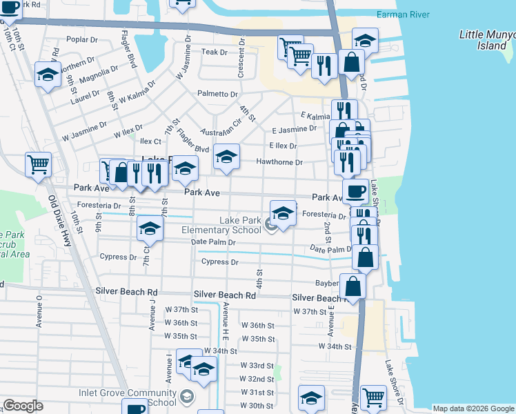 map of restaurants, bars, coffee shops, grocery stores, and more near 415 Foresteria Drive in West Palm Beach