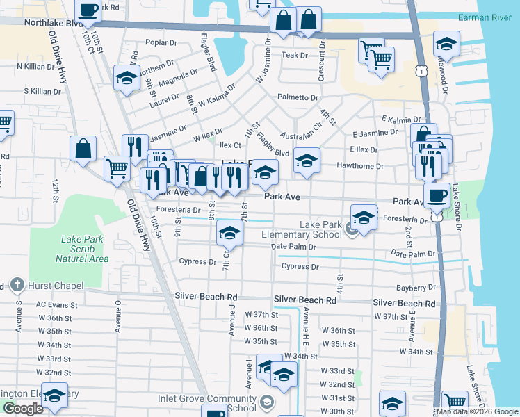 map of restaurants, bars, coffee shops, grocery stores, and more near 625 Foresteria Drive in West Palm Beach