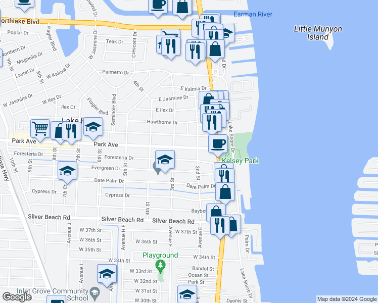 map of restaurants, bars, coffee shops, grocery stores, and more near 201 Foresteria Drive in West Palm Beach